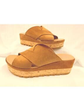 SOREL Cameron Flatform Tan Suede Leather Cork Sole Platform Slide Sandals SZ 7.5